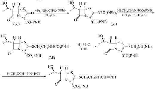 1-Azabicyclo[3.2.0]hept-2-ene-2-carboxylicacid, 6-[(1R)-1-hydroxyethyl]-3-[[2-[(iminomethyl)amino]ethyl]thio]-7-oxo-,hydrate (1:1), (5R,6S)- can be prepared by 6-APA